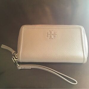 Tory Burch wristlet wallet pebbled leather mushroom color